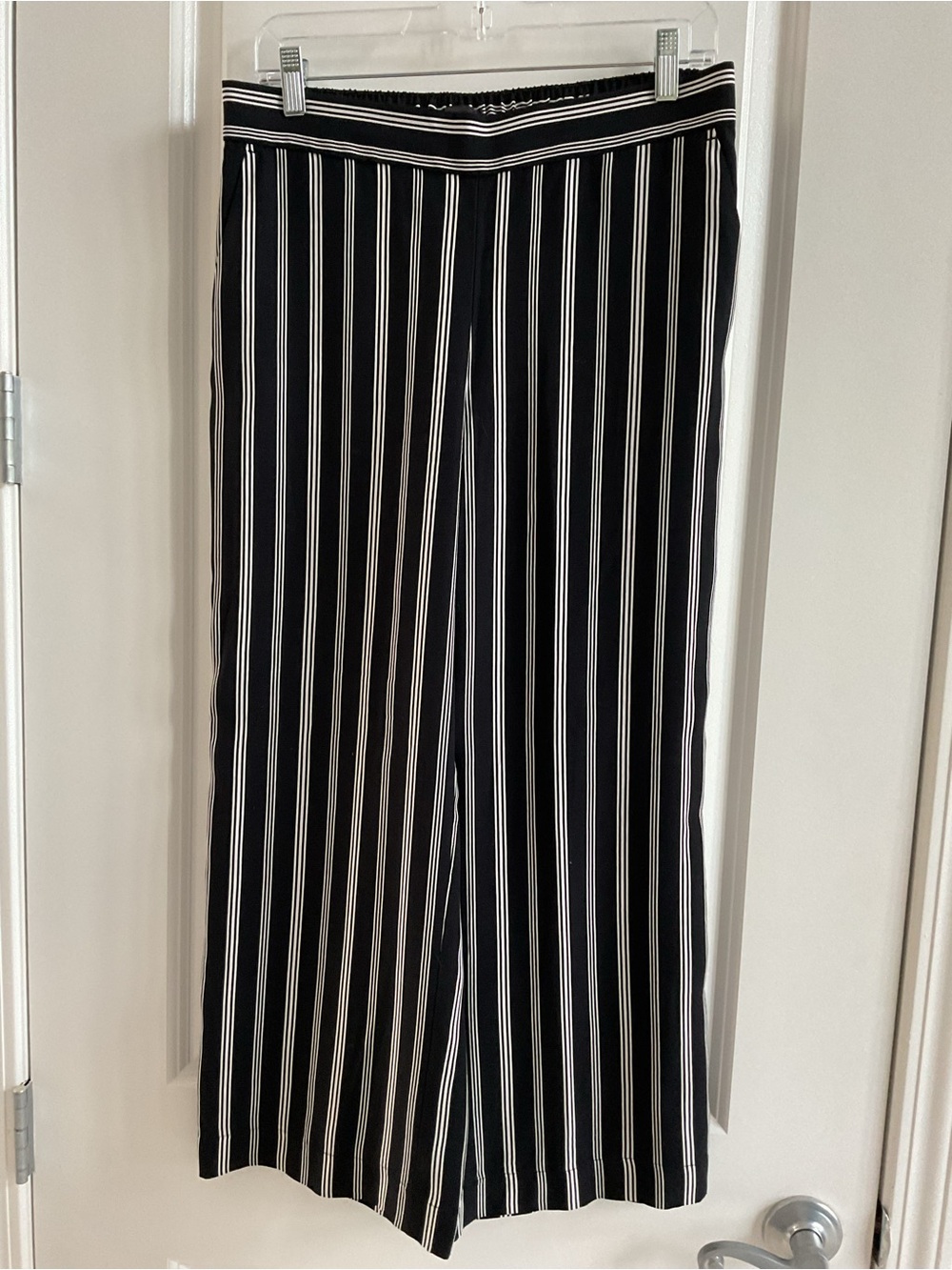 LOFT Black Wide-Leg Cropped Pants with White Pinstripes